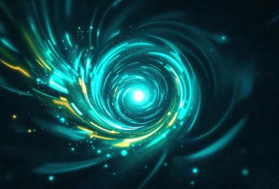 The primary subject of the image is a swirling, spiraling, and colorful pattern. The setting is a dark background, which contrasts with the vibrant colors of the pattern. The visual style appears to be a combination of digital art and illustration, creating a dynamic and captivating scene. The dominant colors are blue, yellow, and green, which contribute to a lively and energetic atmosphere.