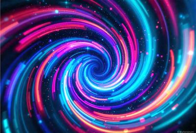 The primary subject of the image is a spiral pattern, which is a digital art or illustration. The spiral is set against a backdrop of a colorful, swirling background, creating a vibrant and lively atmosphere. The colors in the spiral and the background are predominantly blue, pink, and purple, giving the image a unique and eye-catching visual style.