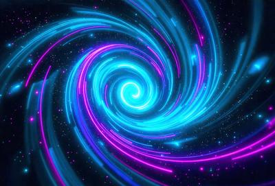 The primary subject of the image is a swirling, spiraling, and twisting blue and purple pattern. The setting is a dark, starry background, which adds to the overall mood of the image. The visual style is a combination of digital art and illustration, creating a unique and captivating design. The colors and mood of the image are predominantly blue and purple, with a sense of movement and dynamism.