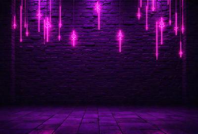 The primary subject of the image is a purple brick wall with a row of purple lights hanging from it. The setting is a dark room with a purple ambiance. The visual style is a digital art or illustration, creating a unique and artistic atmosphere. The colors and mood are predominantly purple, giving the scene a moody and mysterious feel.