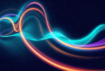 The primary subject of the image is a vibrant, colorful, and dynamic wave pattern. The setting is a dark blue background, which contrasts with the bright colors of the wave pattern. The visual style is a combination of digital art and illustration, creating a dynamic and engaging scene. The dominant colors are blue, orange, and purple, which contribute to a lively and energetic atmosphere.