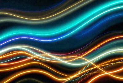 The primary subject of the image is a vibrant, colorful, and abstract pattern of light waves. The setting is a dark background, which contrasts with the bright and luminous colors of the light waves. The visual style is a combination of digital art and illustration, creating a dynamic and eye-catching pattern. The colors and mood of the image are predominantly warm and energetic, with the light waves emanating a sense of movement and energy.