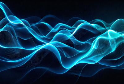 The primary subject of the image is a blue wave pattern, which is the main object, scene, or focus of the image. The setting or background is a dark, starry night sky, which adds a sense of depth and contrast to the image. The visual style is a digital art or illustration, as the wave pattern is created using a computer or digital medium. The dominant colors in the image are blue and black, giving the image a calm and serene atmosphere.
