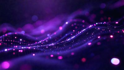 The primary subject of the image is a purple and pink light show, which appears to be a digital art or illustration. The setting is a dark background, and the visual style gives the impression of a futuristic or surreal scene. The dominant colors in the image are purple and pink, creating a vibrant and lively atmosphere.