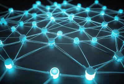 The primary subject of the image is a network of blue lights, which are arranged in a complex pattern. The setting is a black background, which provides a stark contrast to the blue lights. The visual style is a combination of digital art and illustration, creating a futuristic and intricate design. The colors and mood of the image are predominantly blue, which gives it a calm and serene atmosphere.