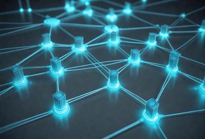 The primary subject of the image is a blue network of lines, which appears to be a digital art or illustration. The setting is a dark background, and the visual style is a combination of digital art and illustration. The dominant colors in the image are blue and white, creating a calm and serene atmosphere.