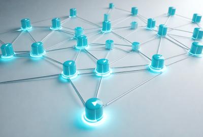 The primary subject of the image is a blue light network, which appears to be a digital art or illustration. The setting is a white background, and the visual style is modern and futuristic. The dominant colors in the image are blue and white, creating a calm and sophisticated atmosphere.