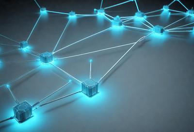 The primary subject of the image is a blue and green network of lines, which appears to be a digital art or illustration. The setting is a gray surface, possibly a wall or table, where the artwork is displayed. The visual style is modern and futuristic, with the blue and green colors creating a sense of depth and complexity. The overall atmosphere is both intriguing and visually appealing.