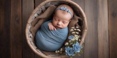 The primary subject of the image is a baby, who is lying in a basket. The setting is a wooden floor, and the visual style is a photo. The colors and mood of the image are warm and cozy, with the baby being wrapped in a blanket and surrounded by flowers.