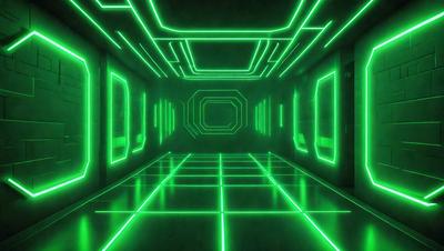 The primary subject of the image is a green, neon-lit hallway. The setting is a futuristic, high-tech environment, likely a space station or a futuristic building. The visual style is a combination of digital art and illustration, creating a unique and captivating atmosphere. The dominant colors are green, with the neon lights adding a vibrant and futuristic touch to the scene.