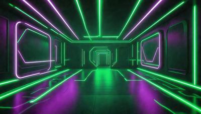The primary subject of the image is a purple and green tunnel. The setting is a futuristic environment, with a purple and green tunnel that appears to be a part of a space station. The visual style is a digital art, with a purple and green tunnel that is illuminated by neon lights. The colors and mood of the image are vibrant and futuristic, creating a sense of excitement and adventure.