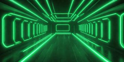 The primary subject of the image is a long, narrow hallway with a green neon lighting effect. The setting is a futuristic environment, possibly a space station or a high-tech facility. The visual style is a combination of a photo and digital art, creating a unique and captivating atmosphere. The dominant colors are green and black, with the green neon lights illuminating the space. The overall mood of the image is futuristic, mysterious, and intriguing.