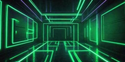 The primary subject of the image is a hallway with a green neon lighting effect. The setting is a futuristic environment, possibly a space station or a futuristic building. The visual style is digital art, as the hallway appears to be a digital rendering. The dominant colors are green, creating a futuristic and vibrant atmosphere.