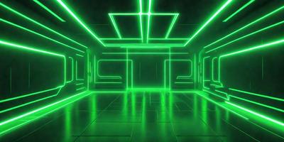 The primary subject of the image is a room with a green neon light illuminating it. The setting is a dark room with a green neon light shining on the walls. The visual style is a digital art or illustration, creating a futuristic and surreal atmosphere. The colors and mood are predominantly green, with the neon light adding a sense of mystery and intrigue to the scene.