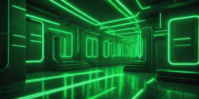The primary subject of the image is a long, narrow hallway with green neon lights illuminating the space. The setting is a futuristic environment, possibly a space station or a high-tech facility. The visual style is a combination of digital art and illustration, creating a unique and captivating atmosphere. The dominant colors are green, which is used extensively throughout the scene, and the overall mood is one of futuristic wonder and exploration.
