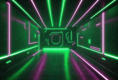The primary subject of the image is a green and purple neon tunnel. The setting is a dark room with a green and purple neon tunnel as the main focus. The visual style is a digital art or illustration, creating a futuristic and colorful atmosphere. The dominant colors are green and purple, which create a vibrant and lively mood.