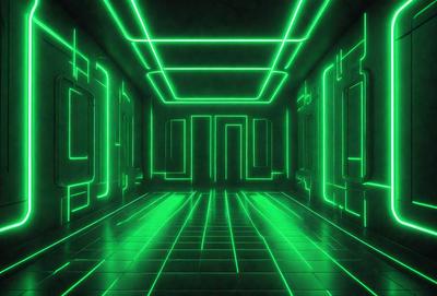 The primary subject of the image is a green neon-lit hallway. The setting is a futuristic environment, possibly a space station or a futuristic building. The visual style is a combination of digital art and illustration, creating a unique and captivating atmosphere. The dominant colors are green and white, with the green neon lights creating a vibrant and futuristic mood.