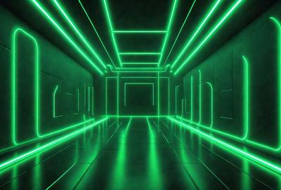 The primary subject of the image is a green hallway with a green floor. The setting is a futuristic environment, possibly a space station or a futuristic building. The visual style is digital art, as the hallway is filled with green neon lights and the floor appears to be made of a green material. The colors and mood of the image are predominantly green, creating a futuristic and vibrant atmosphere.