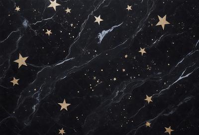 The primary subject of the image is a black marble surface with a pattern of stars etched into it. The setting is a dark room, and the visual style is a close-up of the marble surface. The colors and mood of the image are predominantly dark, with the stars providing a contrasting element of light.