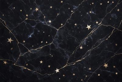 The primary subject of the image is a black marble surface with gold stars etched into it. The setting is a dark background, which contrasts with the gold stars. The visual style is a combination of a photo and digital art, as the gold stars are etched into the marble, creating a unique and artistic pattern. The colors and mood of the image are dark and dramatic, with the gold stars providing a touch of elegance and sophistication.