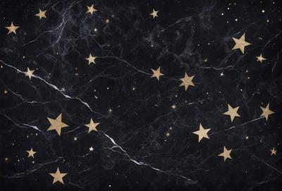 The primary subject of the image is a black background with a pattern of stars. The setting is a night sky, and the visual style is a combination of a photo and digital art. The dominant colors are black and gold, creating a dark and mysterious atmosphere.