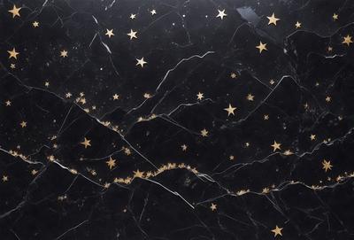 The primary subject of the image is a marble surface with a pattern of stars etched into it. The setting is a dark room, and the visual style is a close-up of the marble surface. The colors and mood of the image are predominantly dark, with the gold stars providing a touch of warmth and contrast.