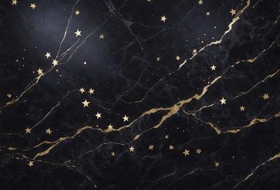 The primary subject of the image is a black marble surface with gold stars painted on it. The setting is a dark room, and the visual style is a combination of a photo and digital art. The dominant colors are black and gold, creating a sophisticated and elegant atmosphere.