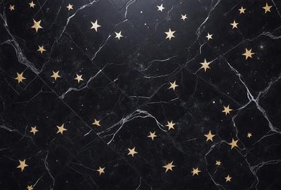 The primary subject of the image is a black marble surface with a pattern of stars etched into it. The setting is a dark room, and the visual style is a close-up of the marble surface. The colors and mood of the image are dark and mysterious, with the stars providing a sense of depth and intrigue.