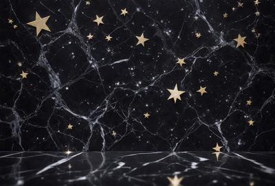 The primary subject of the image is a black marble wall with a pattern of stars on it. The setting is a dark room, and the visual style is a close-up of the marble wall. The colors and mood of the image are dark and mysterious, with the stars providing a touch of brightness and interest.