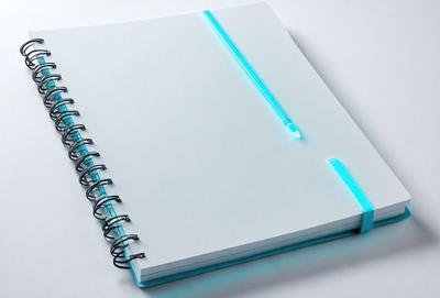 The primary subject of the image is a spiral-bound notebook with a blue cover. The notebook is open and features a blue pen on the top left corner. The setting is a white background, which provides a clean and minimalist appearance. The visual style is a photo, capturing the details of the notebook and pen. The colors and mood of the image are predominantly blue, creating a calm and organized atmosphere.