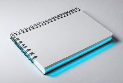 The primary subject of the image is a spiral-bound notebook with a blue cover. The notebook is placed on a white surface, which creates a contrast between the blue cover and the white background. The visual style of the image is a photo, capturing the details of the notebook and its surroundings. The colors and mood of the image are predominantly blue, giving it a calm and organized appearance.