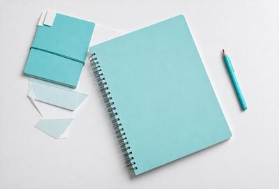 The primary subject of the image is a blue spiral notebook with a pen on top of it. The setting is a white table, and the visual style is a photo. The dominant colors are blue and white, creating a calm and organized atmosphere.