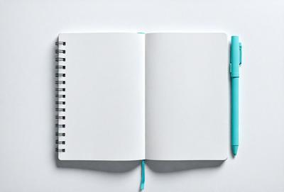 The primary subject of the image is a notebook with a blue pen. The notebook is open, and the pen is placed on the right side of the notebook. The setting is a white surface, which provides a clean and minimalist background for the notebook and pen. The visual style is a realistic representation of the notebook and pen, capturing the details and colors of the objects. The colors and mood of the image are predominantly white and neutral, creating a calm and organized atmosphere.