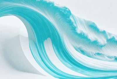 The primary subject of the image is a large, blue wave with white foam. The wave is the main focus of the image, and it is set against a white background. The visual style of the image is digital art, as it appears to be a computer-generated or digitally manipulated image. The dominant colors in the image are blue and white, creating a sense of motion and energy.