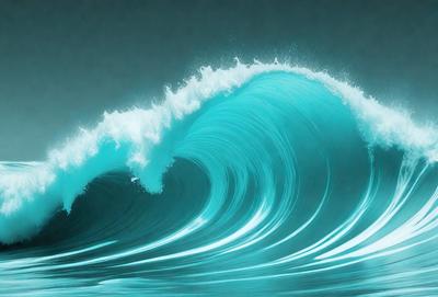 The primary subject of the image is a large, blue ocean wave. The wave is crashing down, creating a powerful and dynamic scene. The setting is the ocean, with the wave being the main focus of the image. The visual style is a photo, capturing the natural beauty of the ocean and its waves. The dominant colors are blue and white, creating a serene and calming atmosphere.