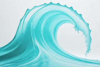 The primary subject of the image is a large, blue wave. The wave is the main focus of the image, and it is captured in a close-up shot. The setting is a white background, which provides a clean and minimalistic look to the image. The visual style is a combination of a photo and digital art, creating a unique and artistic representation of the wave. The dominant colors in the image are blue and white, giving the scene a calm and serene atmosphere.
