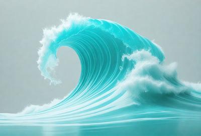 The primary subject of the image is a large, blue ocean wave. The wave is the main focus of the image, and it is captured in a close-up shot. The setting is the ocean, with the wave crashing against the water. The visual style of the image is a photo, showcasing the natural beauty of the ocean and its waves. The dominant colors in the image are blue and white, creating a serene and calming atmosphere.