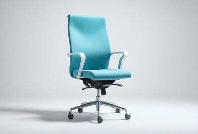 The primary subject of the image is a blue office chair with a white base. The chair is positioned in a white room, which serves as the setting and background. The visual style of the image is a photo, capturing the chair and its surroundings in detail. The dominant colors in the image are blue and white, creating a calm and professional atmosphere.