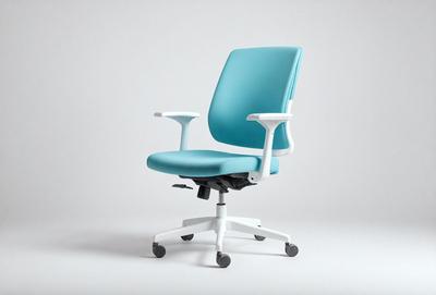 The primary subject of the image is a blue office chair with a white base. The chair is positioned in a white room, which serves as the setting and background. The visual style of the image is a photo, capturing the chair and its surroundings in detail. The dominant colors in the image are blue and white, creating a clean and modern atmosphere.
