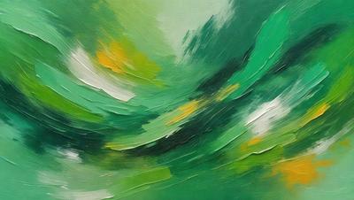 The primary subject of the image is a painting of a green and yellow landscape. The setting is a painting of a forest, with a green background and yellow accents. The visual style is a painting, and the colors and mood are vibrant and lively.