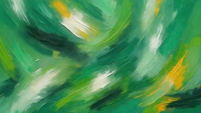 The primary subject of the image is a painting of a green and yellow swirl. The setting is a canvas, and the visual style is a painting. The dominant colors are green and yellow, creating a vibrant and lively atmosphere.