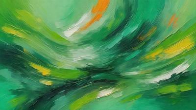 The primary subject of the image is a painting of a green and yellow swirl. The setting is a canvas, and the visual style is a painting. The dominant colors in the painting are green and yellow, creating a vibrant and lively atmosphere.