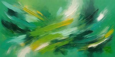 The primary subject of the image is a painting of a green and yellow leaf. The setting is a green background, and the visual style appears to be a digital art or illustration. The dominant colors in the painting are green and yellow, creating a lively and vibrant atmosphere.