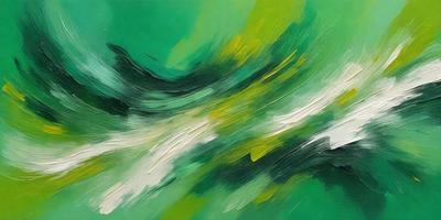 The primary subject of the image is a painting of a green and yellow wave. The setting is a green background, and the visual style appears to be a digital art or illustration. The dominant colors in the painting are green and yellow, creating a lively and vibrant atmosphere.