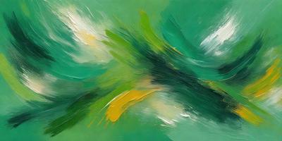 The primary subject of the image is a painting of a green and yellow leaf. The setting is a green background, and the visual style appears to be a digital art or illustration. The dominant colors in the painting are green and yellow, creating a lively and vibrant atmosphere.