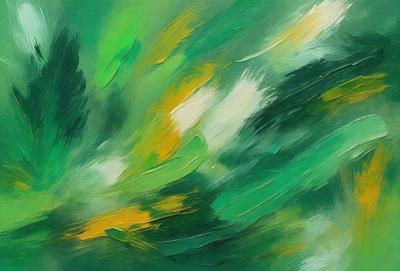 The primary subject of the image is a painting of a green and yellow background. The setting is a painting, and the visual style is artistic. The dominant colors are green and yellow, creating a lively and vibrant atmosphere.