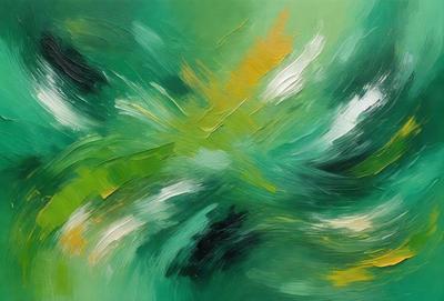 The primary subject of the image is a painting of a green and yellow flower. The setting is a green background, and the visual style appears to be a digital art or illustration. The dominant colors in the painting are green and yellow, creating a vibrant and lively atmosphere.