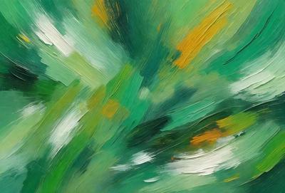 The primary subject of the image is a painting of a green and yellow forest. The setting is a forest with trees and leaves, creating a lush and vibrant atmosphere. The visual style is a painting, which gives the image a more artistic and creative appearance. The dominant colors are green and yellow, which are prevalent throughout the painting, creating a warm and inviting mood.
