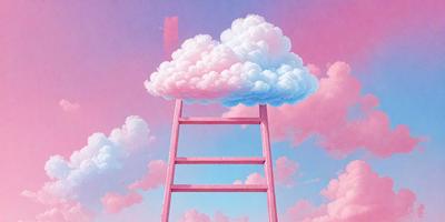 The primary subject of the image is a pink ladder with a cloud on top of it. The ladder is placed in a pink and blue sky, which creates a vibrant and colorful atmosphere. The visual style of the image is a combination of digital art and illustration, giving it a unique and artistic appearance. The dominant colors in the image are pink and blue, which contribute to the overall mood of the scene.