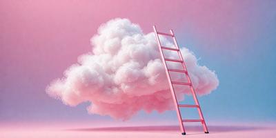 The primary subject of the image is a ladder with a cloud on top of it. The ladder is pink, and the cloud is white. The setting is a pink background, which adds a vibrant and lively atmosphere to the scene. The visual style is a combination of photo and digital art, creating a unique and eye-catching image. The colors and mood convey a sense of playfulness and creativity.